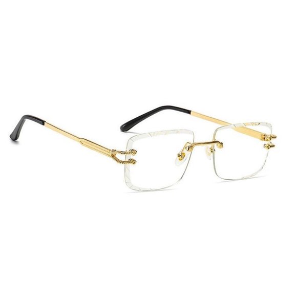 Men's Gem Cut Gold Frame Clear Lens Rectangular Luxury Rimless Hip Hop Glasses - Picture 4 of 4